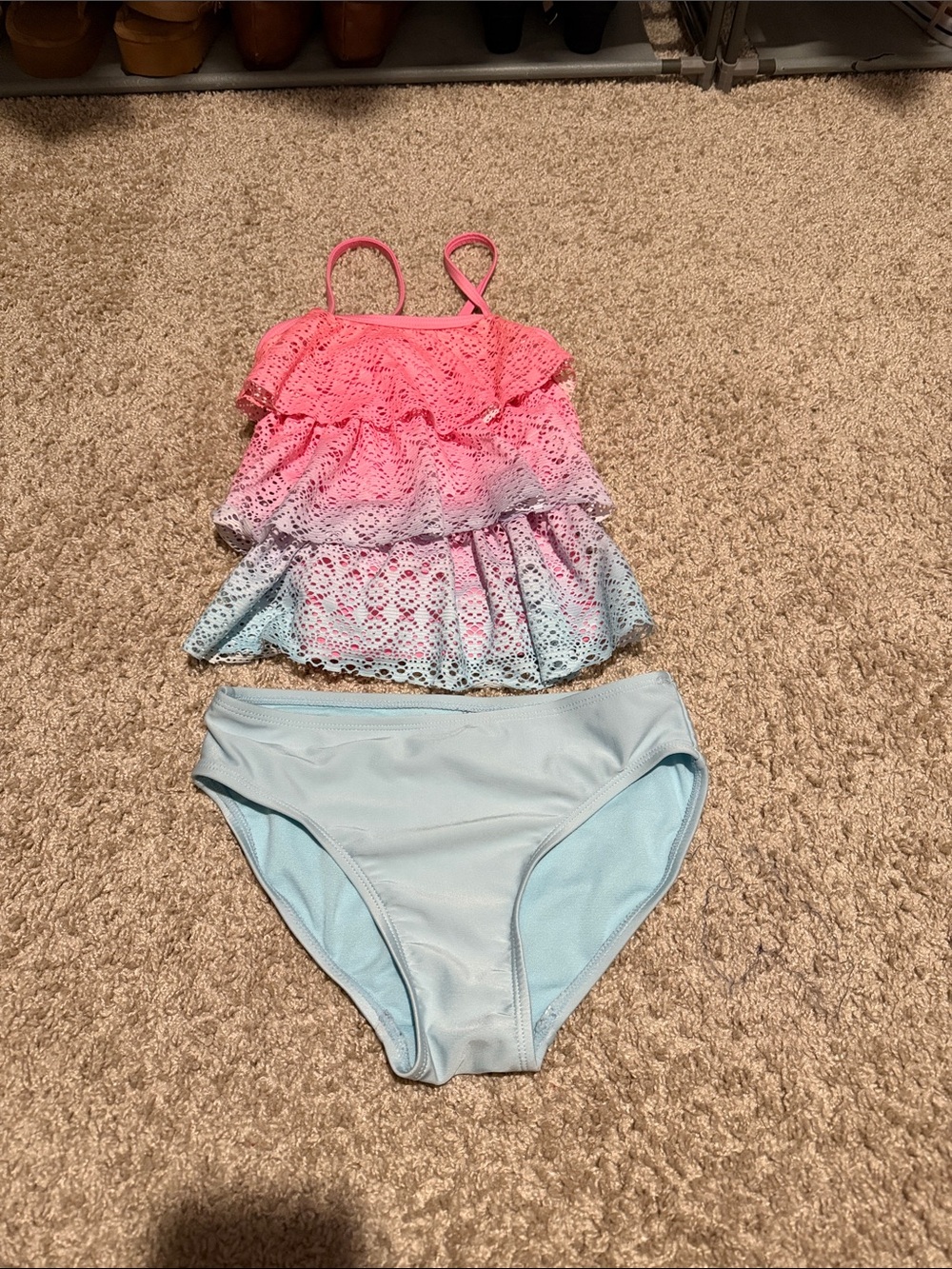 SO Girls Pink to Light Blue Ombre Lace Ruffle Tankini